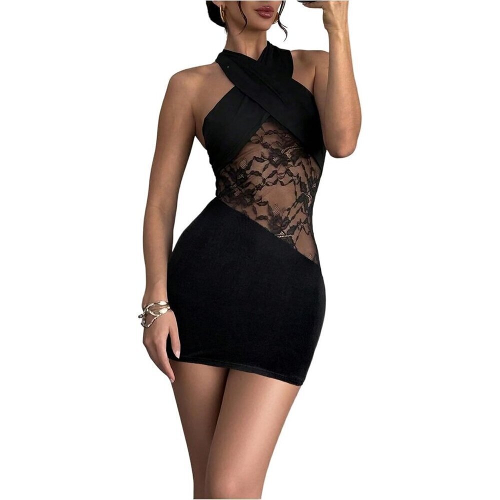 Women's Black Lac Halter Neck Bodycon Mini Dress  Party wear